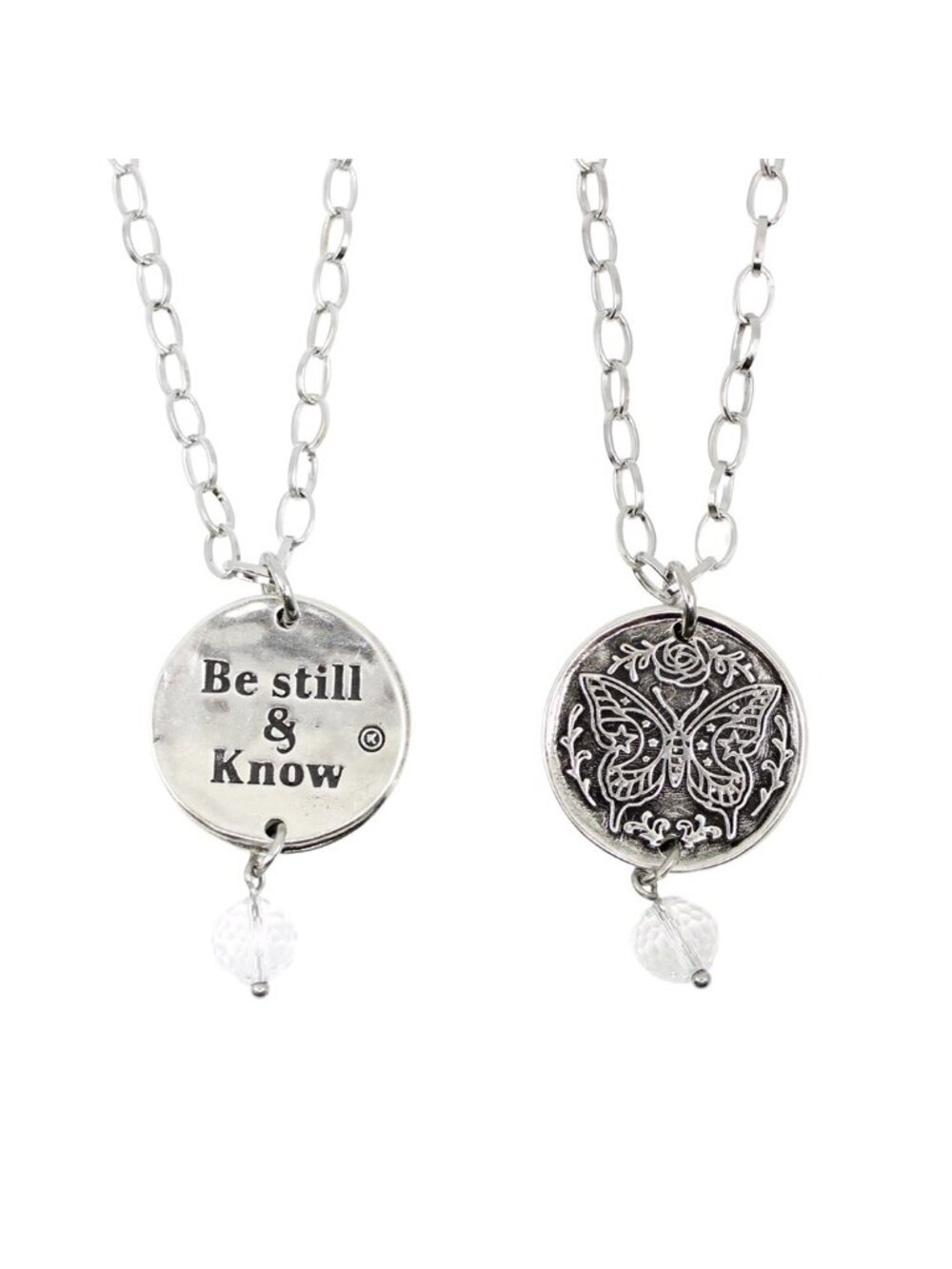 NWT Katia Designs BE STILL & KNOW Butterfly Silvertone Necklace - Picture 3 of 7